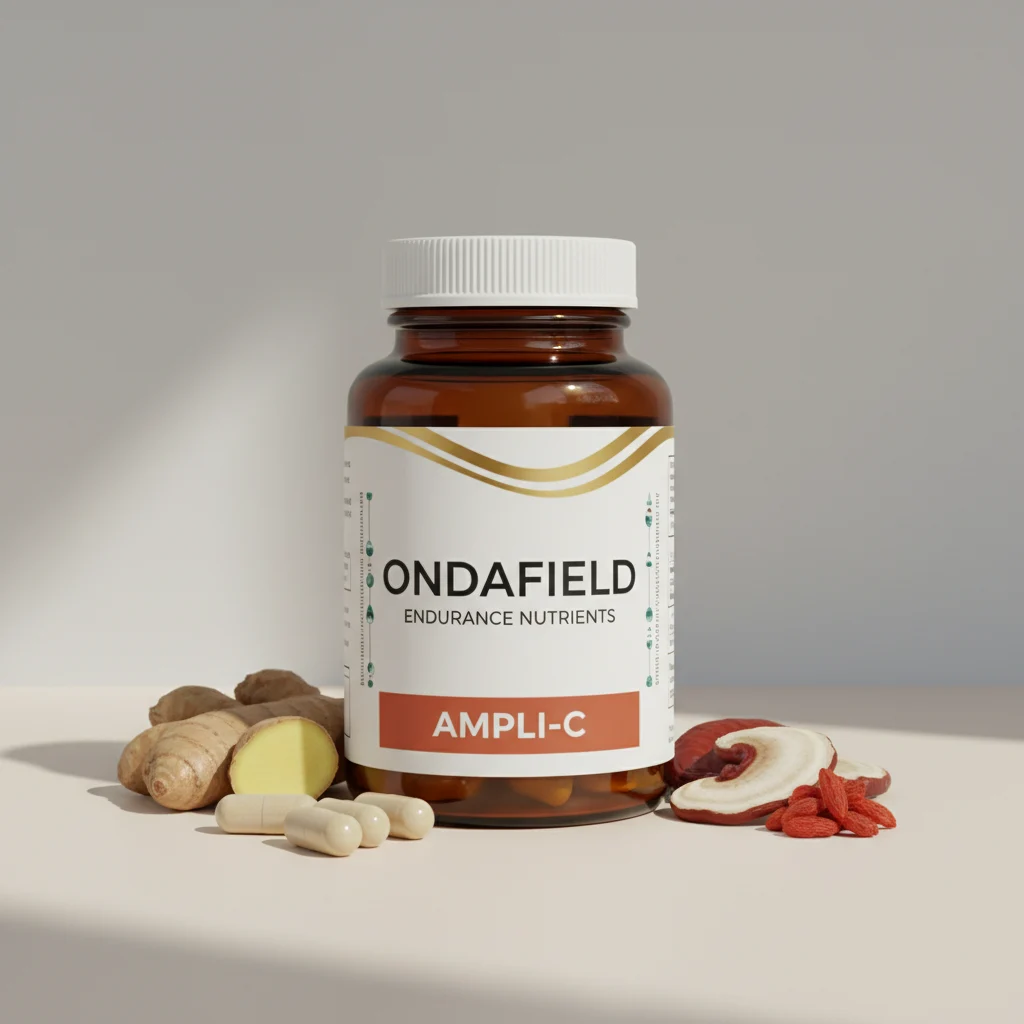 OndaField Endurance Nutrients - Bernsteinfarbenes Glasfläschchen mit schwarzem Deckel und Produktetikett
